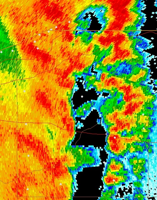Weather radar image showing a storm near Kingsford Heights